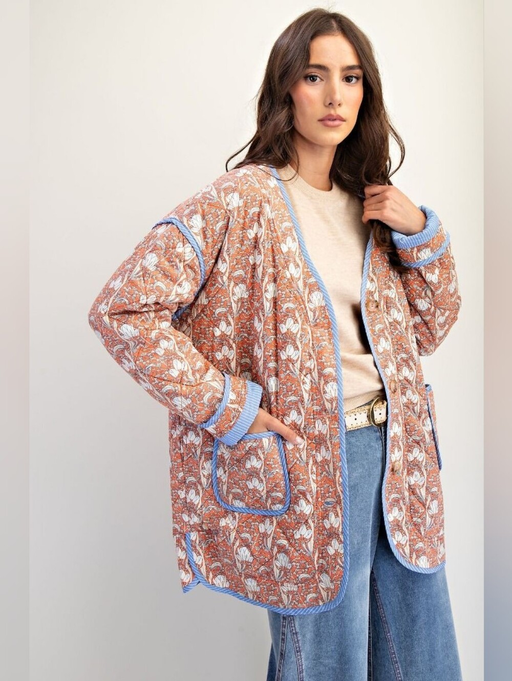 A5-0831 Easel Quilted Cotton Floral Fall Tie Front Jacket Coat - Picture 3 of 6